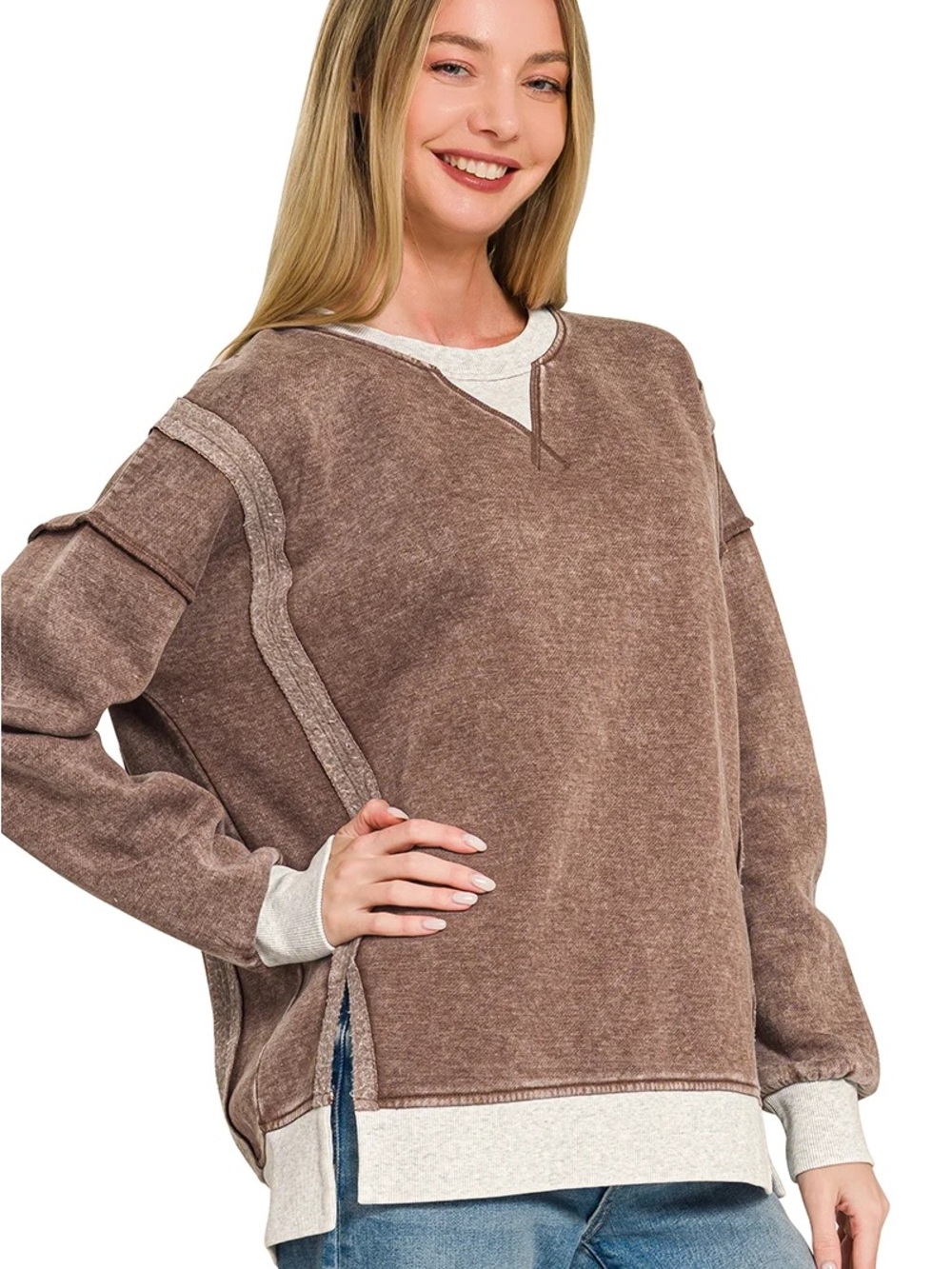 NWOT Zenana Acid Washed Contrast Trim Fleece Oversized Sweatshirt Size S